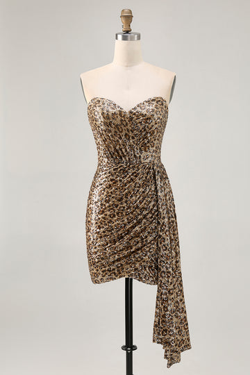 Sparkly Khaki Leopard Ruched Bodycon Strapless Homecoming Dress With Sash